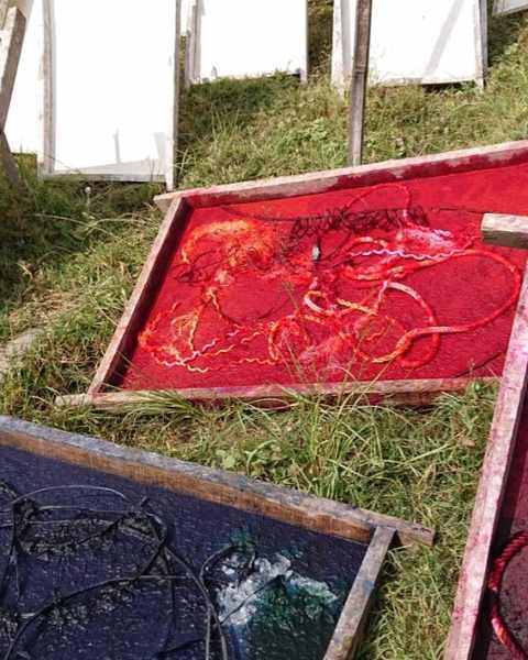 Moulds of red, black and purple paper with cords embedded, drying on the grass