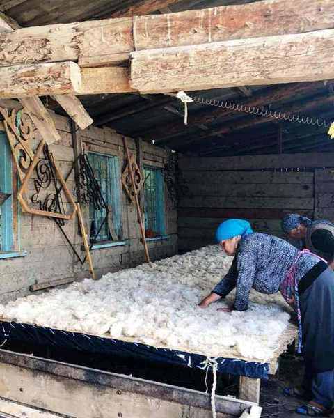 A felt-maker spreading raw white wool over a long table under a wooden roof
