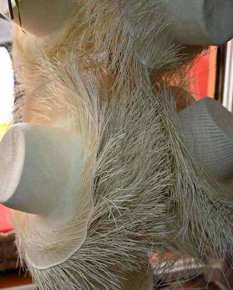 Toquilla straw hats with long loose fibres springing from them