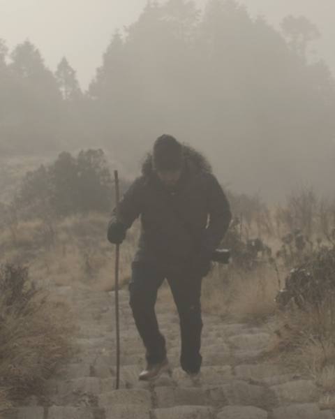 A frame from the film: a man walking up stone steps in the fog with a staff