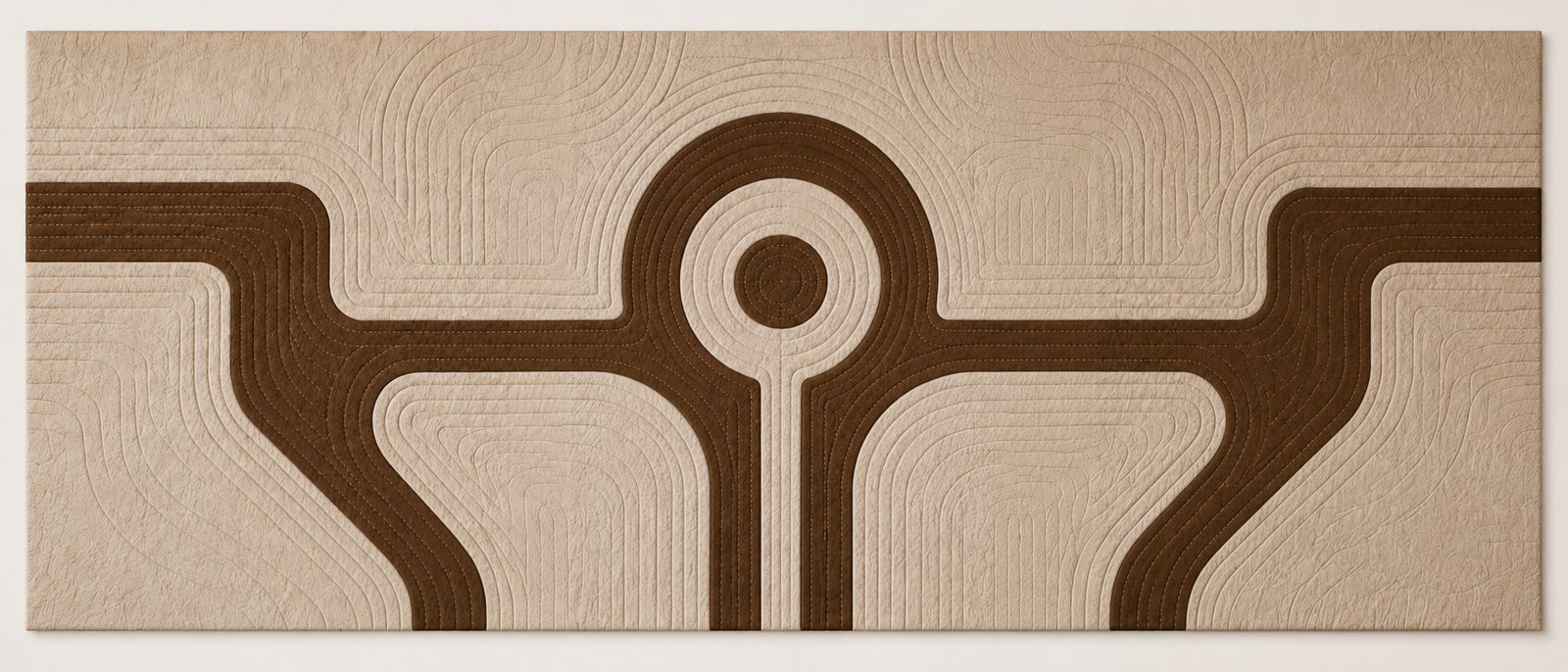 Render of the full felt work: a quilted wool composition in cream and brown, 3.16 by 1.25 metres, designed by AKA