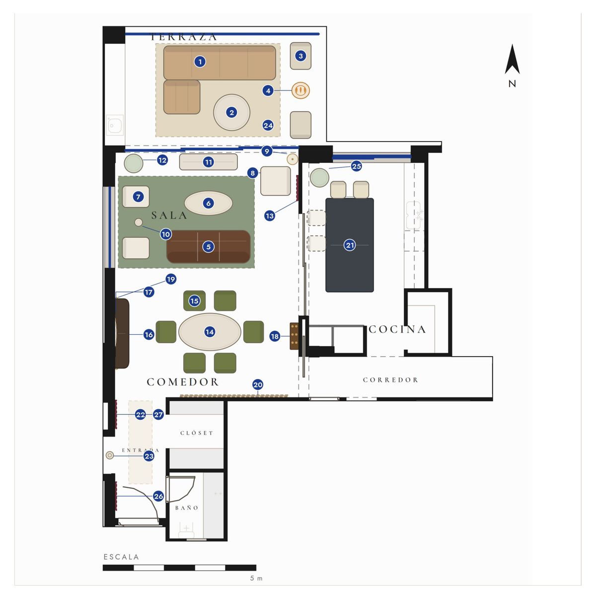 Final furnished plan to scale: terrace, living, dining, kitchen and entry, every piece numbered to its own sheet
