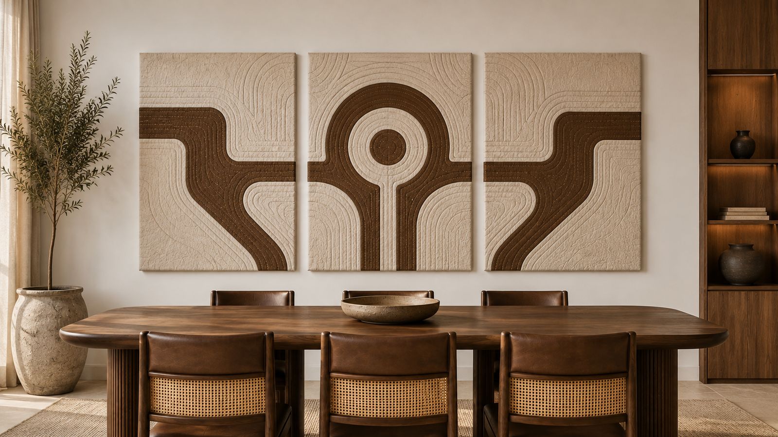 Render of the final dining room: a felt triptych designed by the studio above a wood table with cane and leather chairs